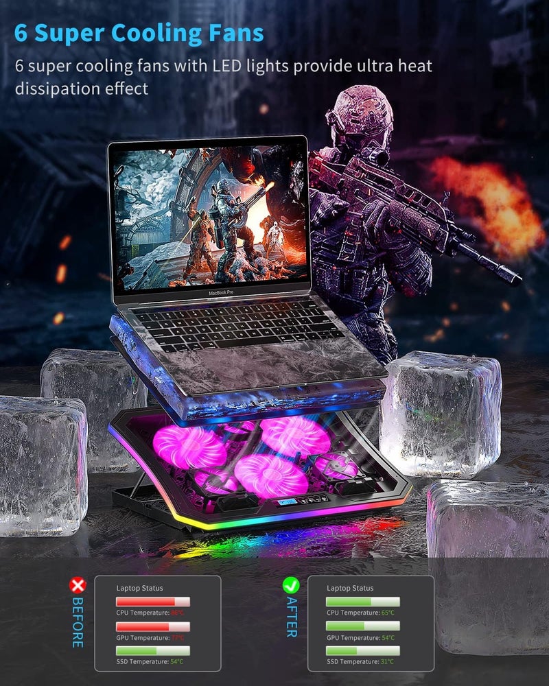 KeiBn وسادة تبريد لابتوب، مبرد لابتوب RGB لأجهزة اللابتوب من 15.6 إلى 17.3 بوصة، مع 10 أوضاع إضاءة | 6 مراوح | 7 ارتفاعات | 2 منفذ USB | استخدام على المكتب أو في الحضن (A8/بنفسجي) - Image 2
